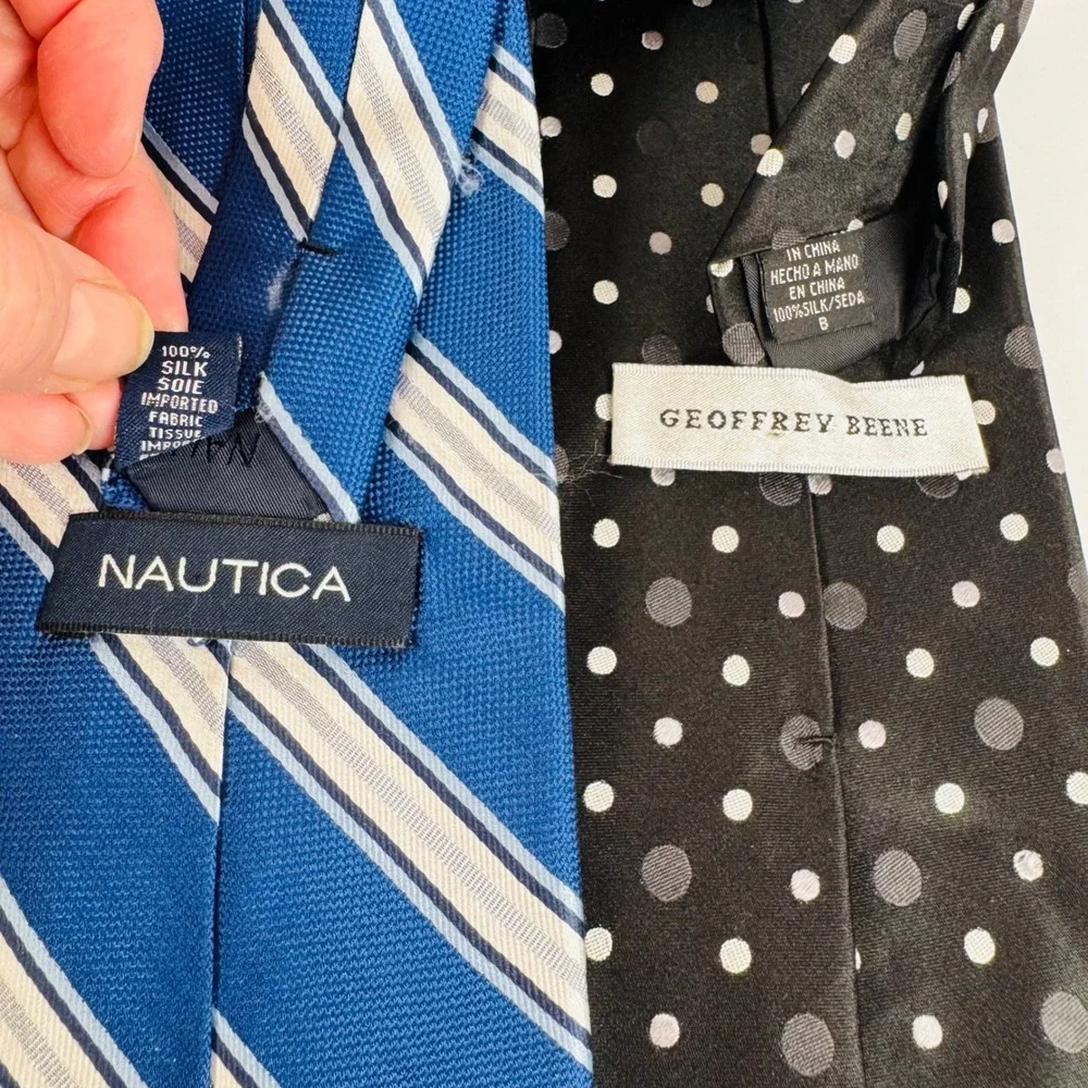 Nautica Blue Striped & Geoffrey Beene Black Polka Dot‎ 100% Silk Mens Tie Bundle